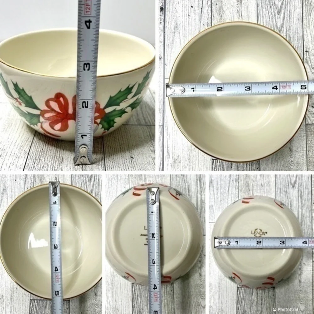 Lenox American By Design Holiday Bowl Green Holly & Red Ribbon Gold Trim